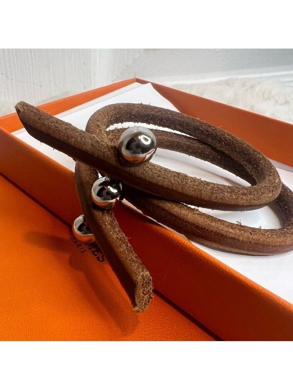 HERMES LEATHER BANGLE UNISEX BRACELET WITH BOX - Picture 1 of 15
